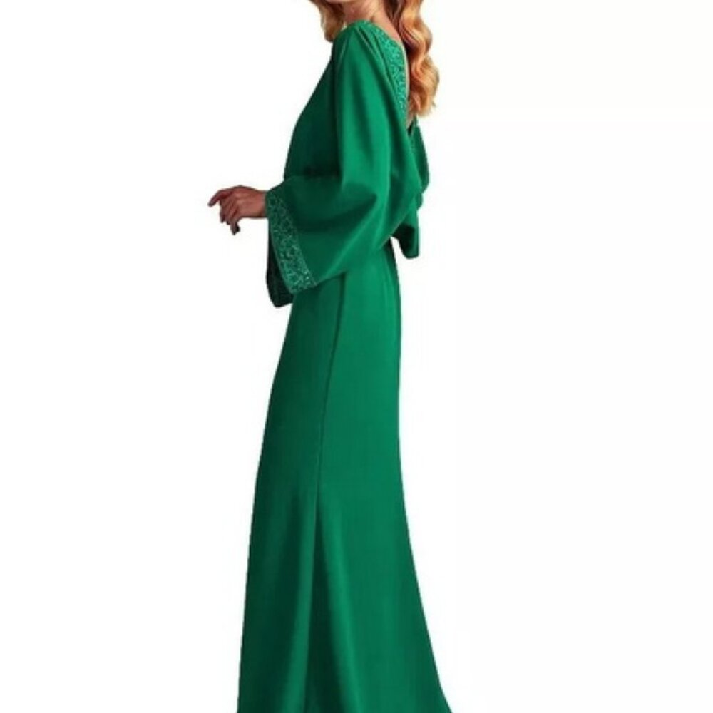 Tadashi Shoji Emerald Green Drape Back Crepe Long Sleeve Gown